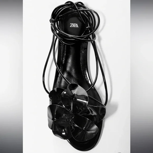 Zara maxi flower lace up patent leather flat sandals